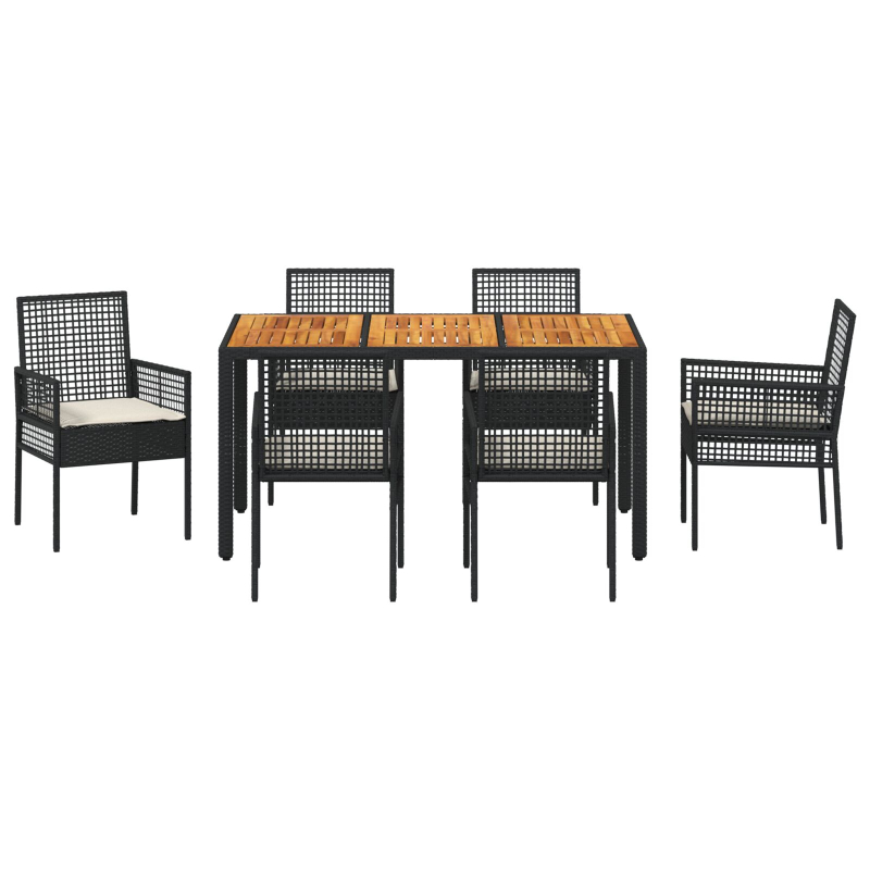 7-teilige Essgruppe für den Garten mit Kissen in Schwarz aus Poly-Rattan