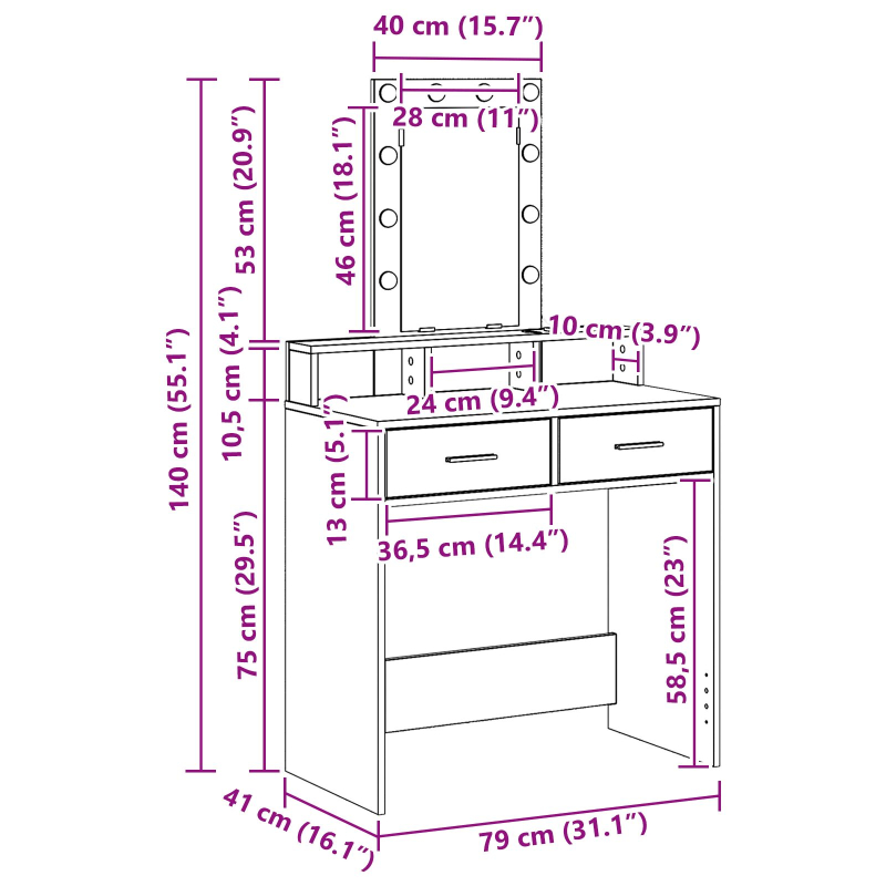 Schminktisch mit LED-Lichtern in Artisan Eiche 79x41x140 cm