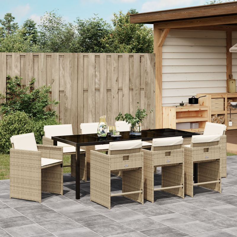 9-teiliges Garten-Essset mit Kissen Beige Poly Rattan