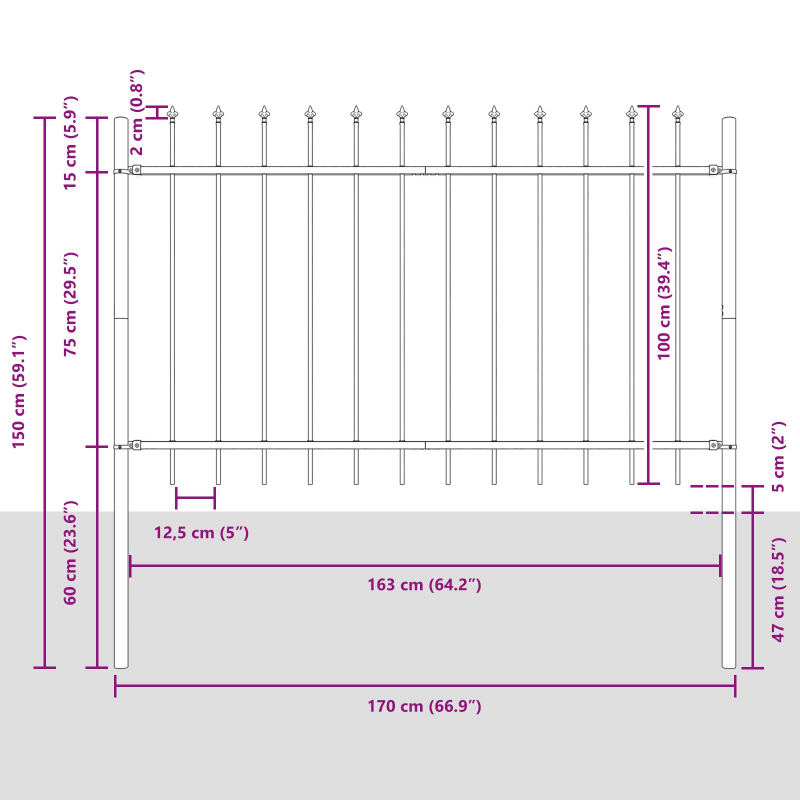 Gartenzaun mit Spitzen Grau 8,5x1 m Stahl