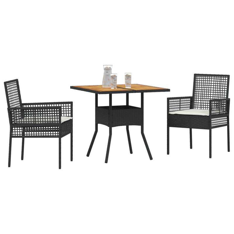 3-teiliges Garten-Essset mit Kissen Schwarz Poly Rattan