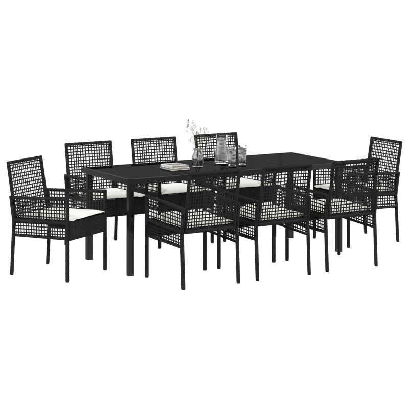9-teiliges Garten Essset mit Kissen Schwarz Poly Rattan