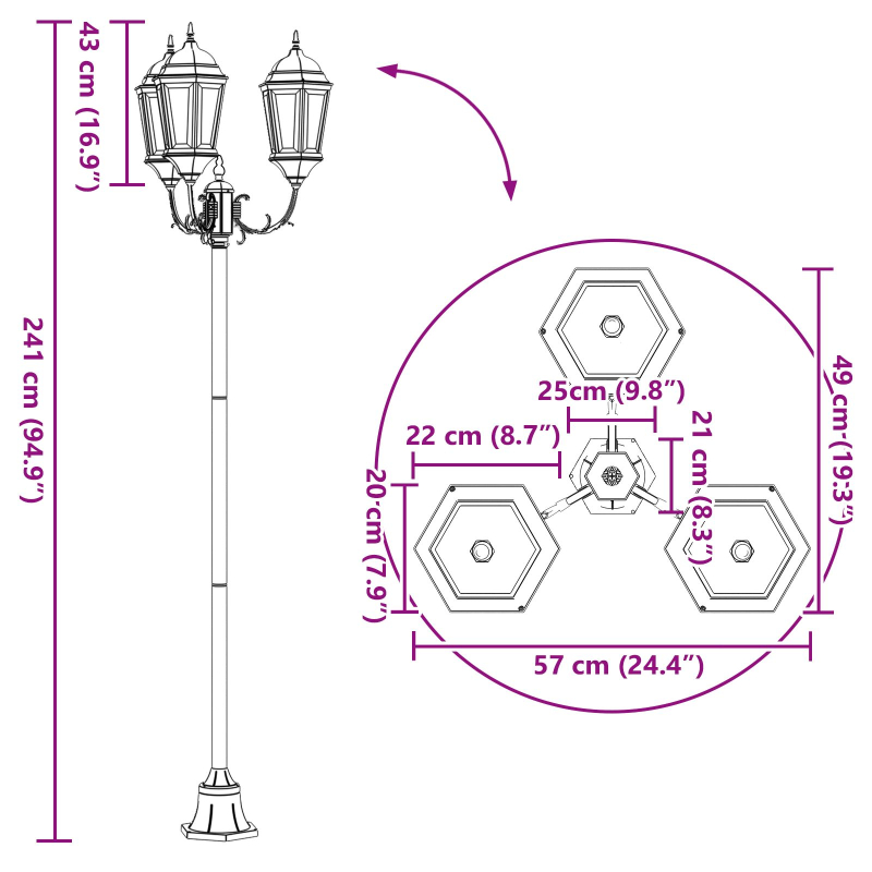 Garten Lichtmast 3-Lampe E27 Weiß 220 cm Aluminium