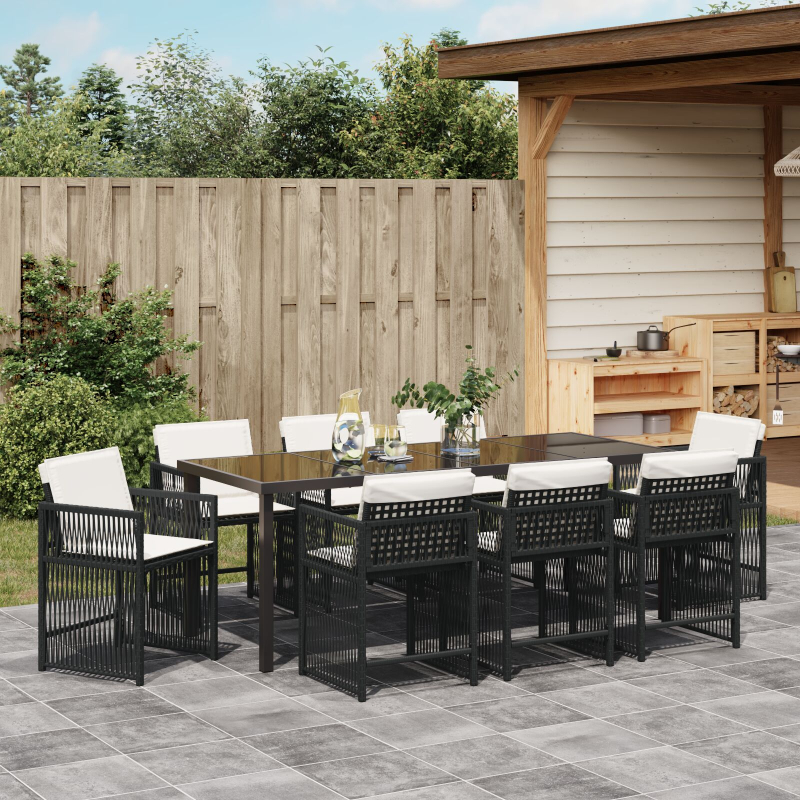 9-teiliges Garten Esszimmer Set mit Kissen in Schwarz aus Poly Rattan