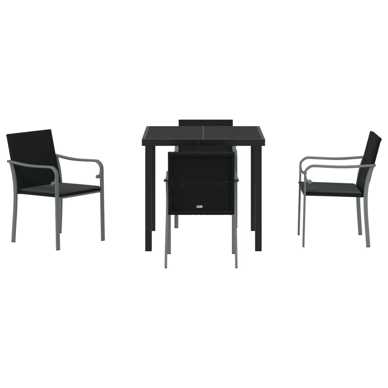 5-teiliges Garten-Dining-Set mit Kissen in Schwarz aus Poly-Rattan