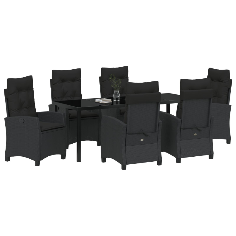 7-teiliges Garten-Esstisch-Set mit Kissen Schwarz Poly-Rattan