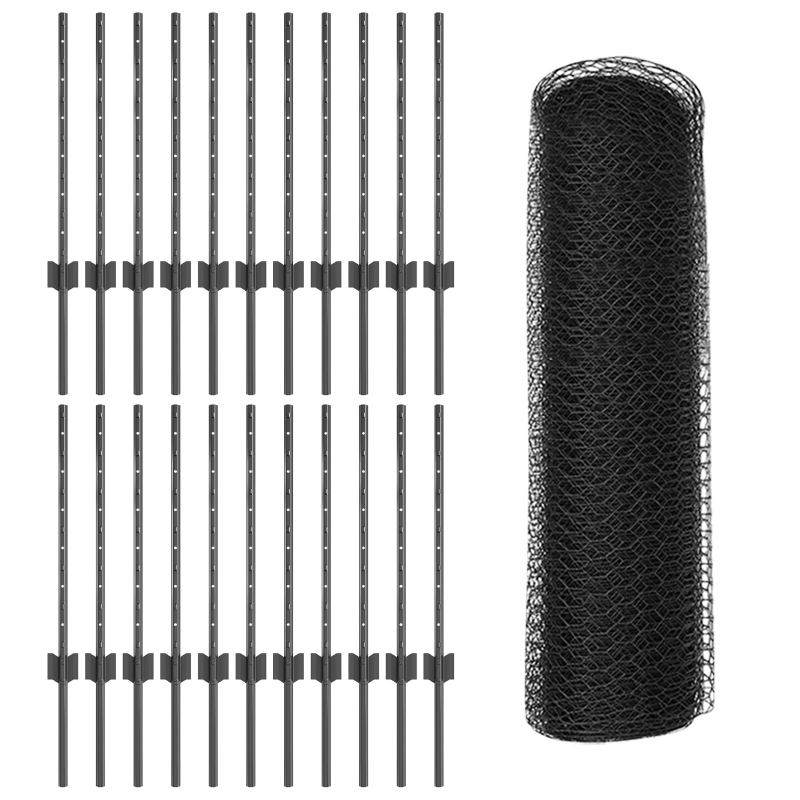 Zaunpfosten 11 Stück U-Kanal Grau 60 cm Stahl, Sechseckzaun Grau 0.6x50 m Stahl