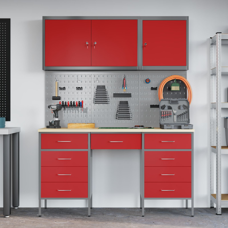 8-teiliges Werkstattschrank- und Pegboard-Set in Rot aus MDF und Metall