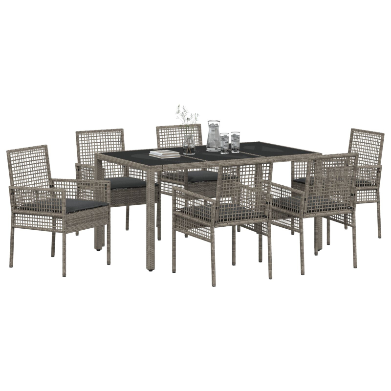 7-teilige Garten-Essgruppe mit Kissen Grau Poly Rattan