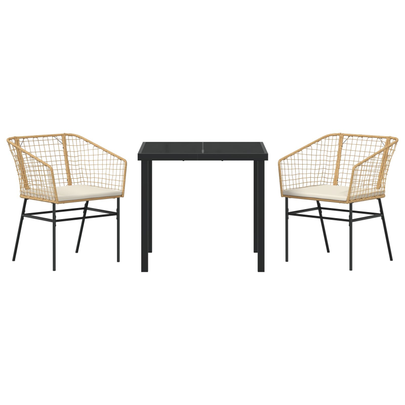 3-teiliges Garten-Essset mit Kissen Braun Poly-Rattan