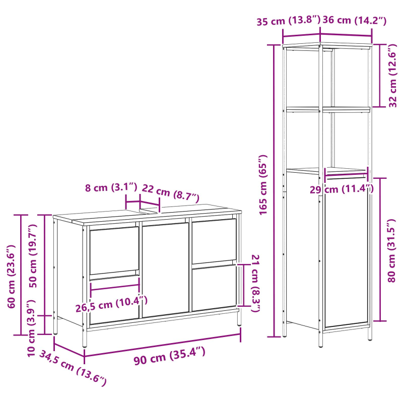 2-teiliges Badezimmermöbel-Set aus geräucherter Eiche und Holzwerkstoff
