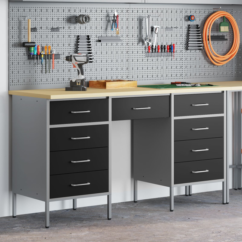 3-teiliger Arbeitsstellen- und Tisch-Satz Schwarz Ingenieurholz und Stahl
