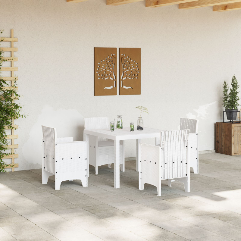 5-teiliges Garten Essset mit Kissen Weiß Poly-Rattan