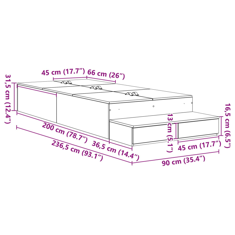 Aufbewahrungsbettgestell Raucheiche 90x200 cm