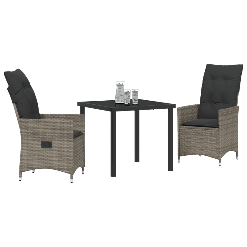 3-teiliges Garten-Esszimmer-Set mit Kissen Grau Poly-Rattan