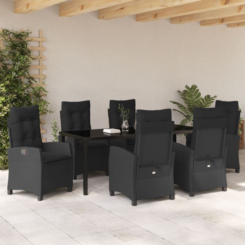 7-teiliges Garten-Esstisch-Set mit Kissen Schwarz Poly-Rattan