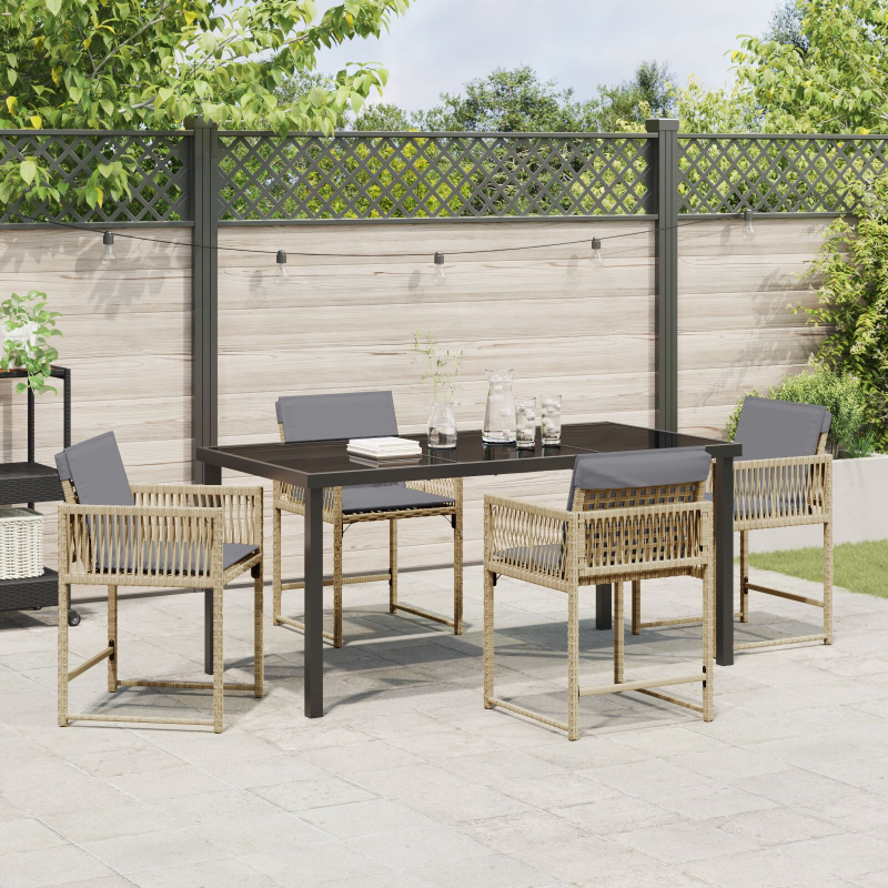 5-teiliges Garten-Essset mit Kissen in beige Poly-Rattan