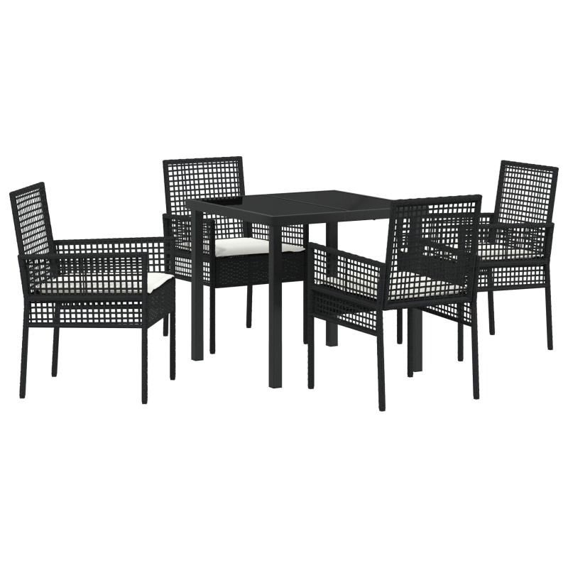5-teiliges Garten Essset mit Kissen aus schwarzem Poly Rattan