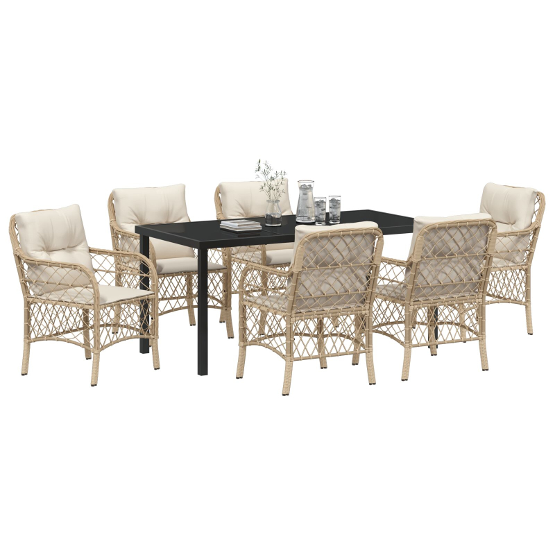 7-teiliges Garten Essgruppe mit Kissen Beige Poly Rattan