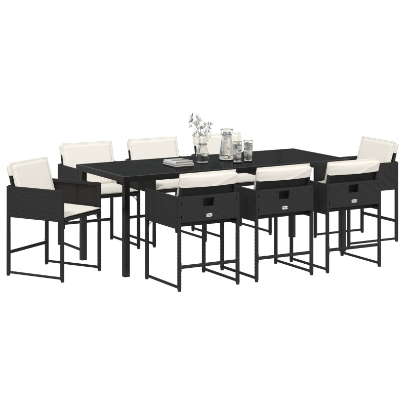 9-teiliges Garten-Essset mit Kissen - Schwarzes Poly-Rattan