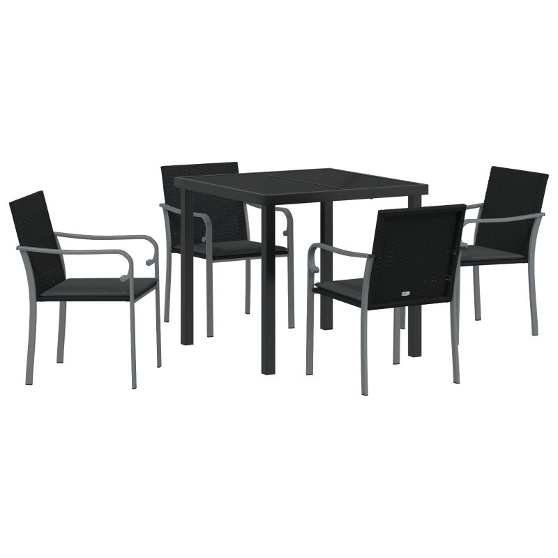 5-teiliges Garten-Dining-Set mit Kissen in Schwarz aus Poly-Rattan