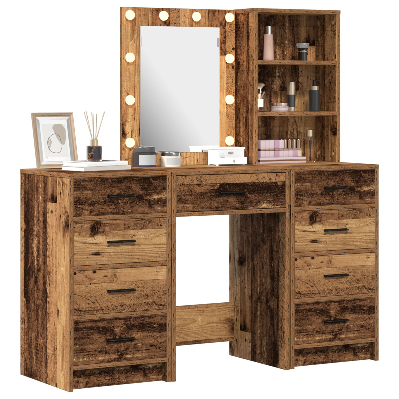 3-teiliges Frisiertisch Set mit LED im alten Holzfinish