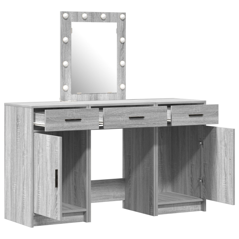 3-teiliges Schminktisch-Set mit LED Grau Sonoma Holzwerkstoff