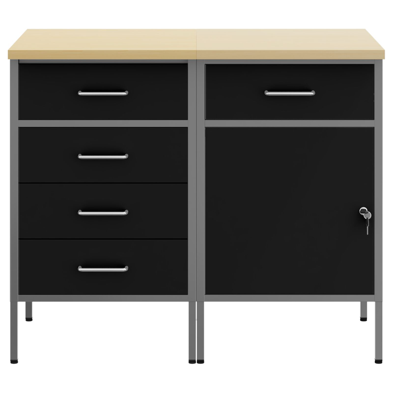 2-teiliges Werkstattschrank-Set in Schwarz und Grau aus Holzwerkstoff und Stahl