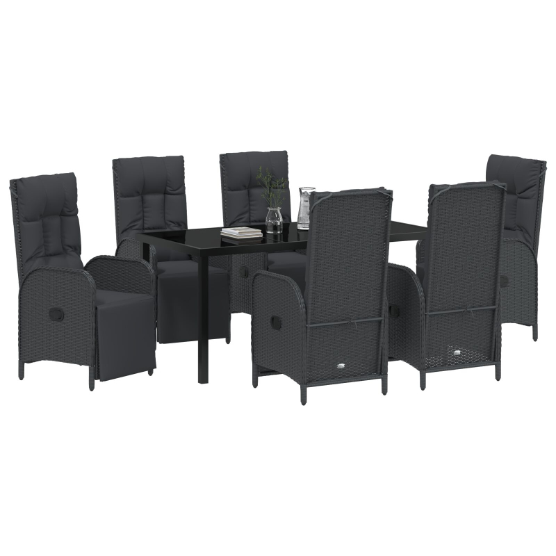 7-teiliges Garten Esszimmer Set mit Kissen aus schwarzem Poly-Rattan