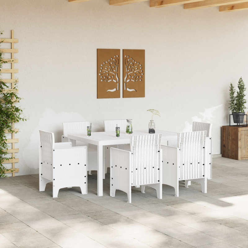 7-teiliges Garten Esszimmer Set Weiß Poly-Rattan
