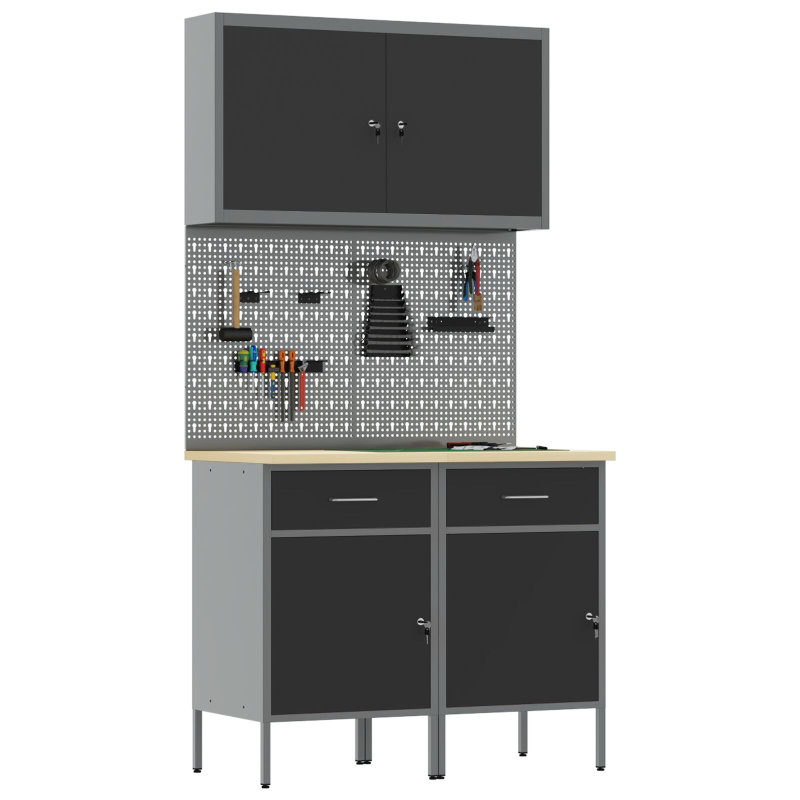 5-teiliges Arbeitszimmerschrank- und Lochplatten-Set Schwarz MDF und Metall