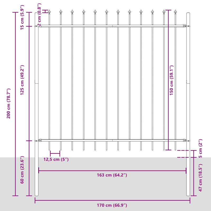 Gartenzaun mit Speerspitze grau 3,4 x 1,5 m aus Stahl