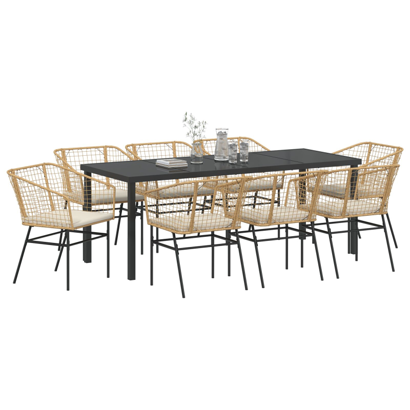 9-teiliges Garten-Dining-Set mit Kissen - Braun - Poly-Rattan