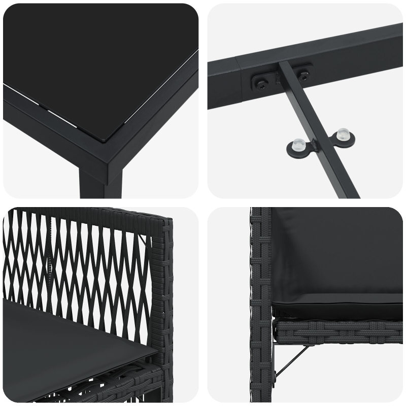 9-teiliges Garten Essset mit Kissen Schwarz Poly Rattan