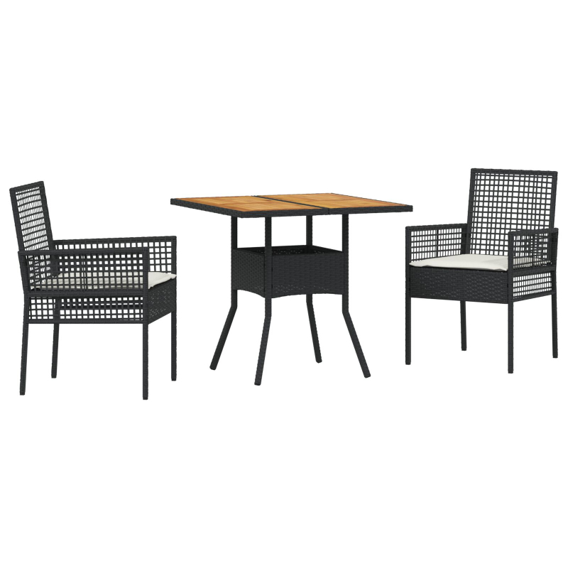 3-teiliges Garten-Essset mit Kissen Schwarz Poly Rattan