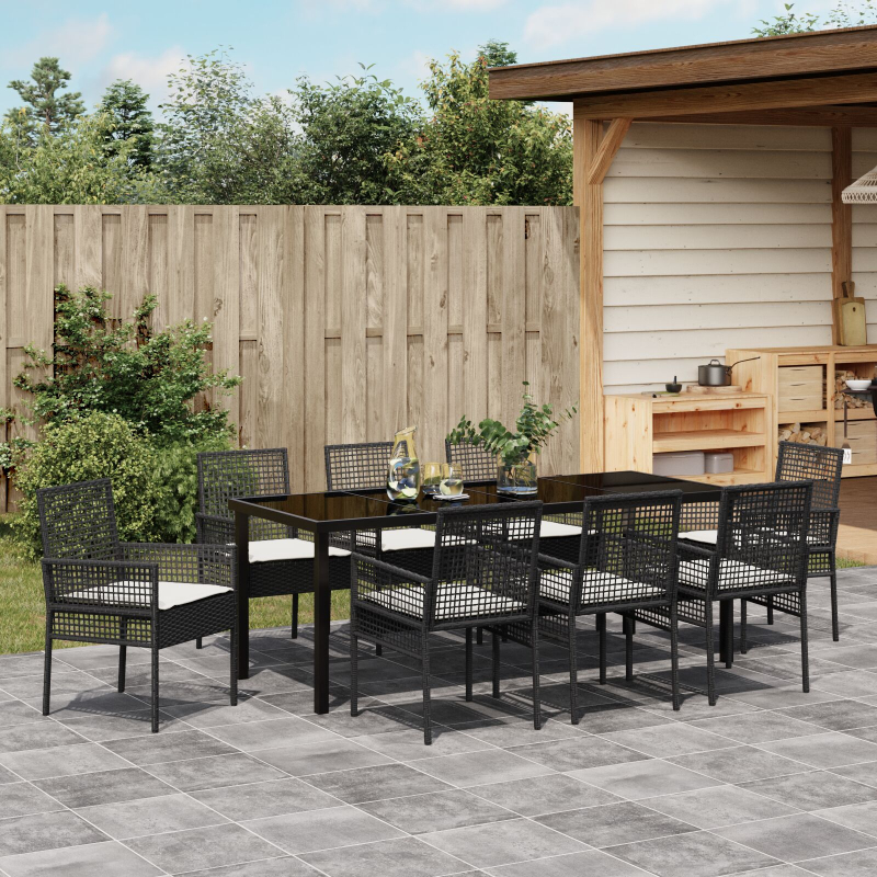 9-teiliges Garten Essset mit Kissen Schwarz Poly Rattan