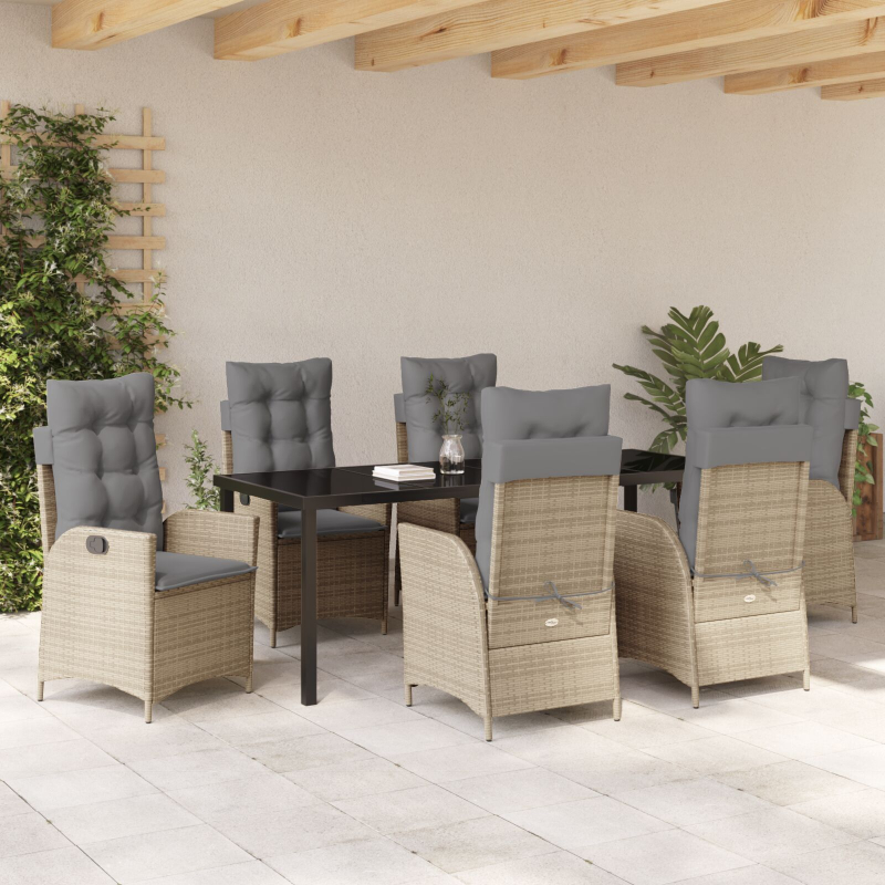 7-teiliges Garten-Esszimmer-Set mit Kissen - Beige - Poly-Rattan