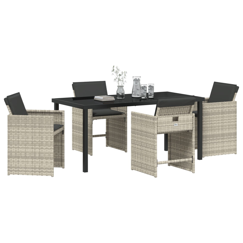 5-teiliges Garten-Esszimmer-Set mit Kissen Hellgrau Poly Rattan