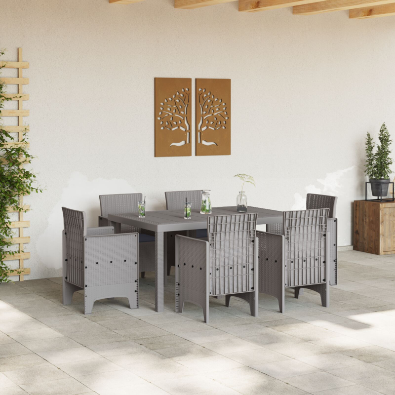 7-teiliges Garten Esszimmer Set mit Kissen Hellgrau Poly Rattan