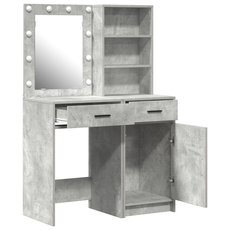 2-teilige Schminktischgarnitur mit LED in Beton Grau und Holzwerkstoff