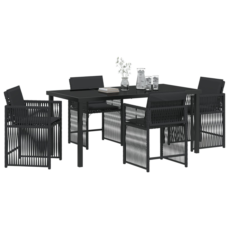 5-teiliges Garten-Esszimmer mit Kissen Schwarz Poly-Rattan