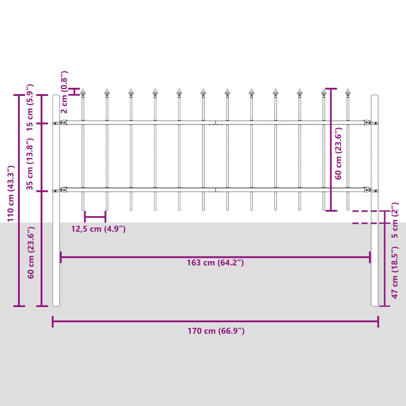 Gartenzaun mit Speer-Top in Weiß, 5,1x0,6 m aus Stahl