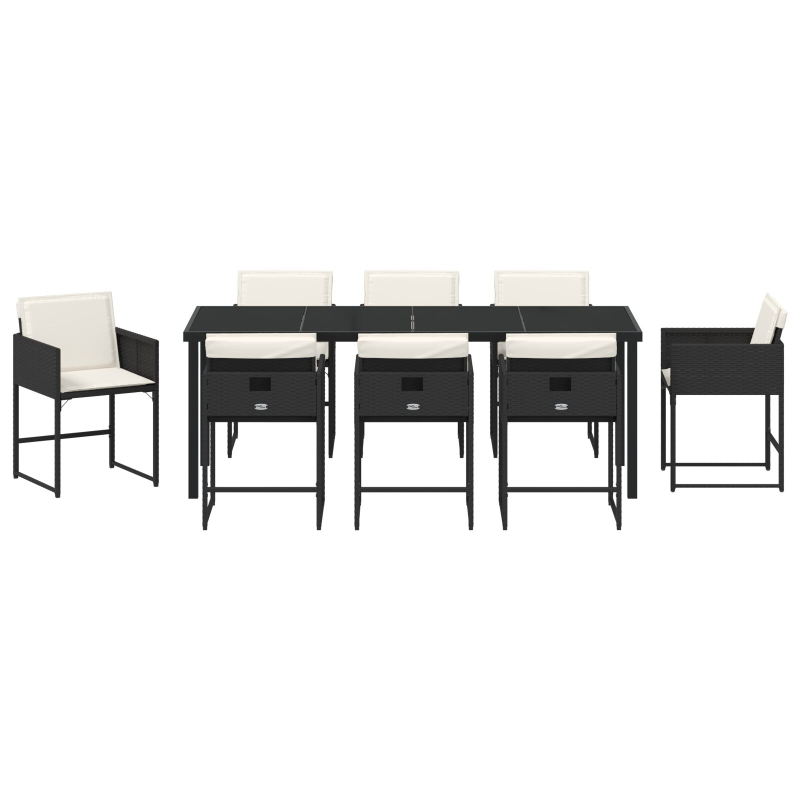 9-teiliges Garten-Essset mit Kissen - Schwarzes Poly-Rattan