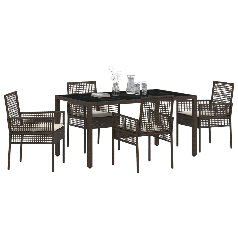 5-teiliges Garten-Ess-Set mit Kissen Braun Poly Rattan
