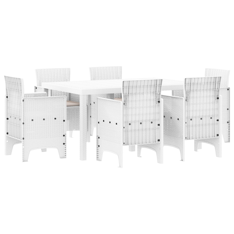 7-teiliges Garten-Esszimmer-Set mit Kissen Weiß Poly Rattan
