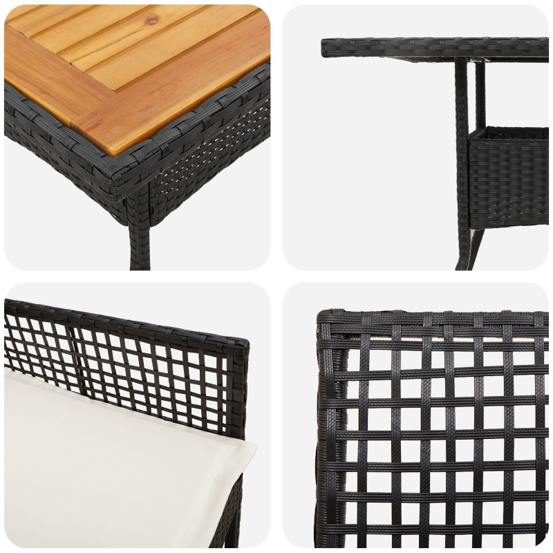 3-teiliges Garten-Essset mit Kissen Schwarz Poly Rattan