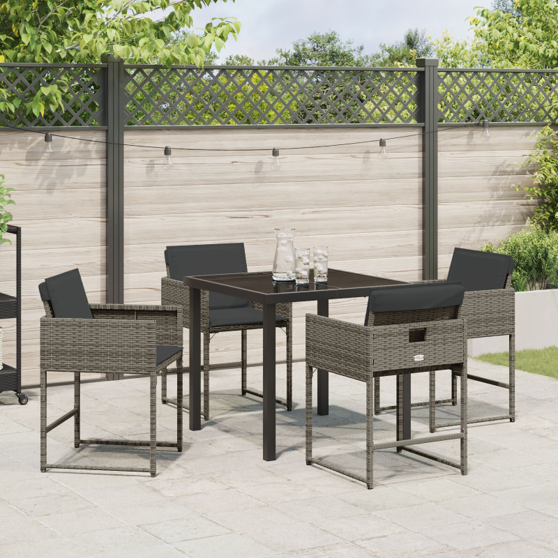 5-teiliges Garten Essset mit Kissen aus grauem Poly-Rattan