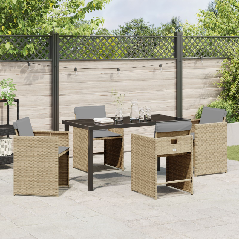 5-teiliges Garten-Ess-Set mit Kissen Beige Poly Rattan