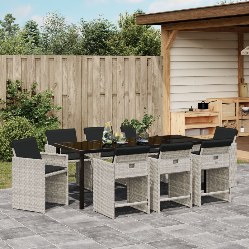 9-teiliges Garten-Essset mit Kissen Hellgrau Poly-Rattan