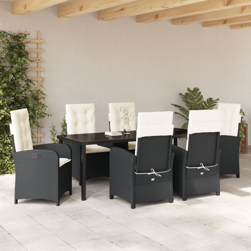 7-teiliges Garten-Essbereich-Set mit Kissen Schwarz Poly Rattan